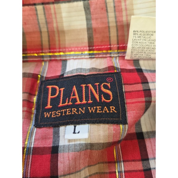 Plains Western Wear Men's L Snap Button Shirt Red Gold Metallic Plaid Cowboy... - Picture 3 of 7
